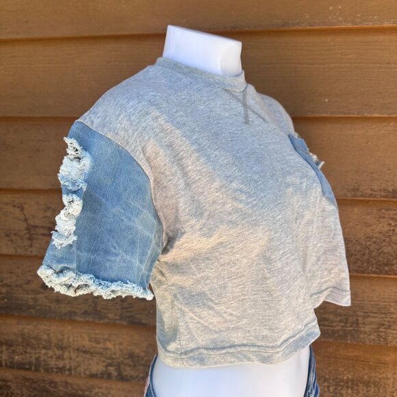 Thrill Jeans Cropped Tee With Distressed Denim Sleeves & Pocket Gray/Blue Womens - Picture 8 of 10